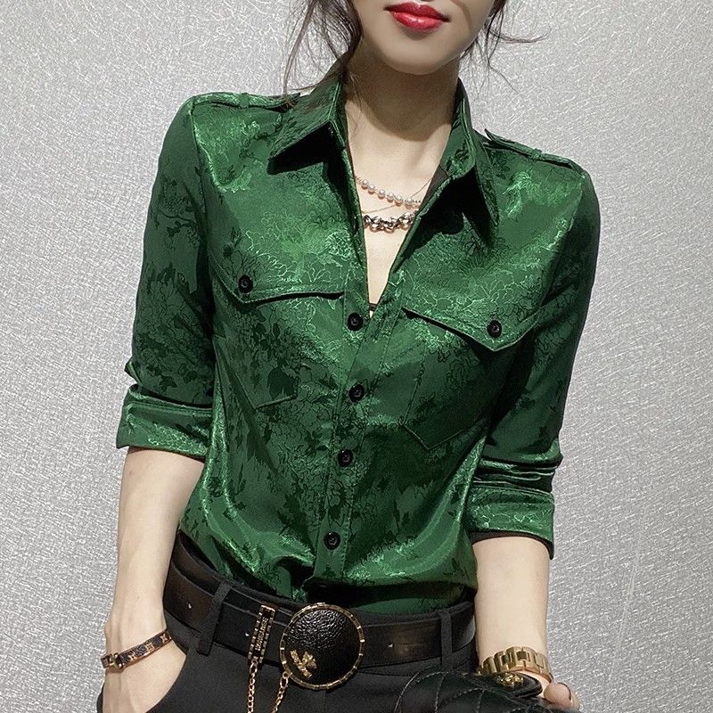 Women'S Office Formal Wear For Ladies - 女性トップス春と秋のフル長袖女性のシャツブラウスオフィス服着用ボタンアップフォーマルルーズグリーン Xl
