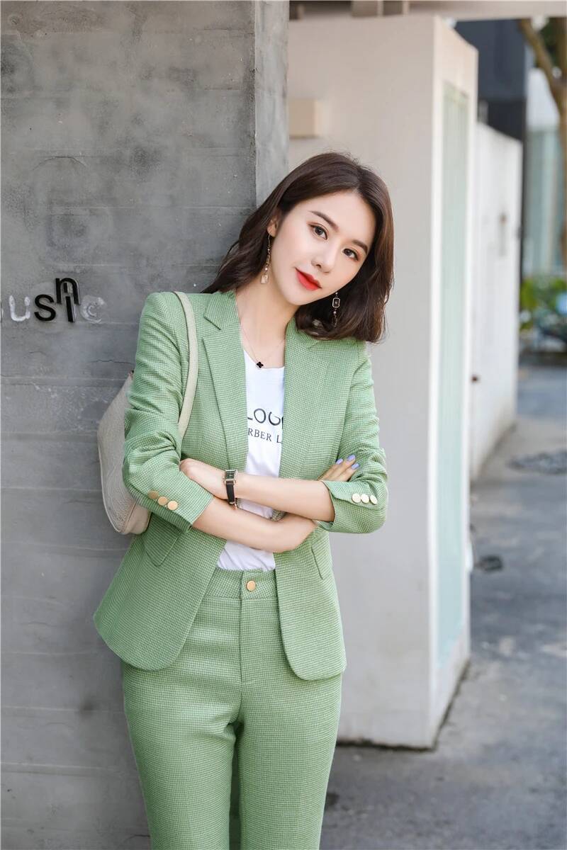 Women Formal Wear For Interview - 斬新なグリーンの制服デザイン、女性用パンツスーツ、ビジネスワークウェアスーツ、プロフェッショナルブレザーセット、キャリア面接服