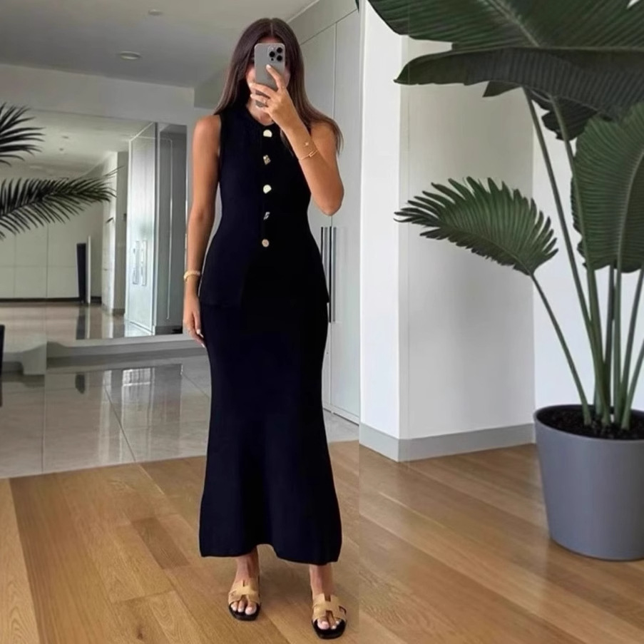 Women'S Office Formal Wear For Ladies - ラウンドネックシングルブレストノースリーブボディコントップと体型にフィットするロングスカートの2ピースセットレディースウェア多用途フォーマル衣装