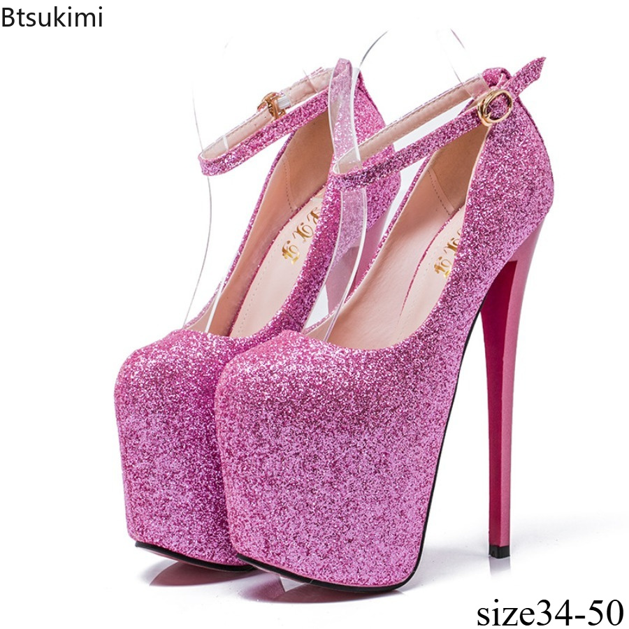 Women'S Formal Wear For Wedding - 女性グリッタープラットフォームポンプスティレットハイヒールラウンドトゥアンクルストラップバックルドレスシューズナイトクラブパーティー結婚式イブニングシューズ