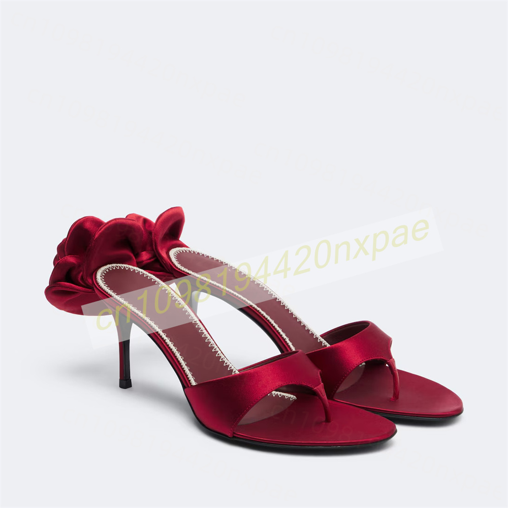 Women'S Formal Wear For Wedding - 女性用赤いサテン素材のトングミュールサンダル、花飾り付きスティレットヒール、スリッポンタイプのオープントゥスライドスリッパ、エレガントなウェディングドレスシューズ、サイズ46