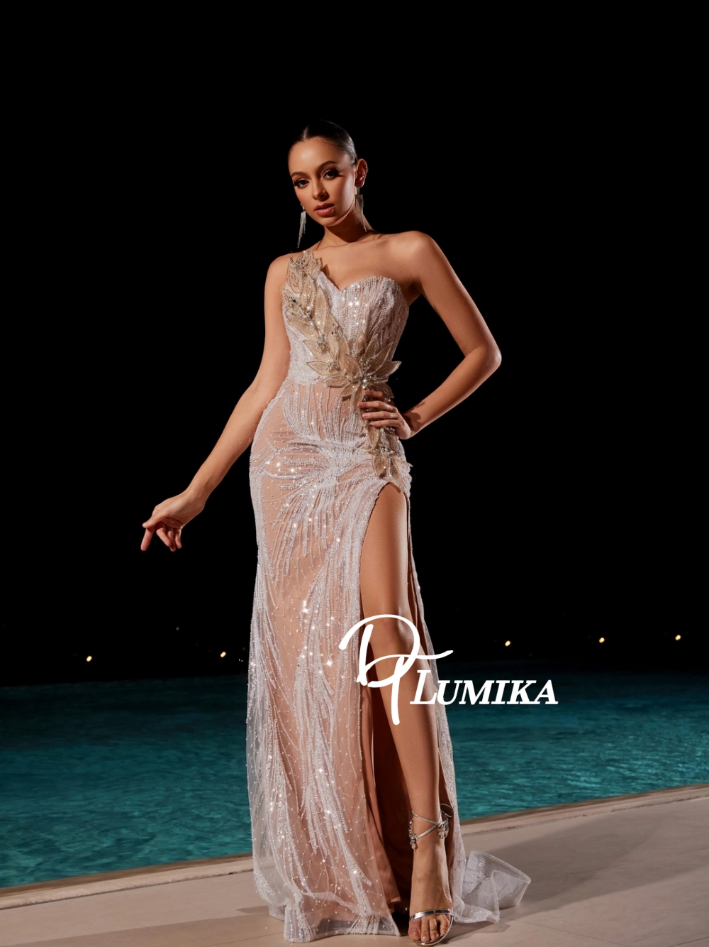 Unique Women'S Formal Wear - フォーマルなスパークリングマーメイドイブニングドレス、ユニークな3Dリーフ、繊細でセクシーなハイ スリット、カスタムメイドのプロムガウン、女性用宴会ウェア