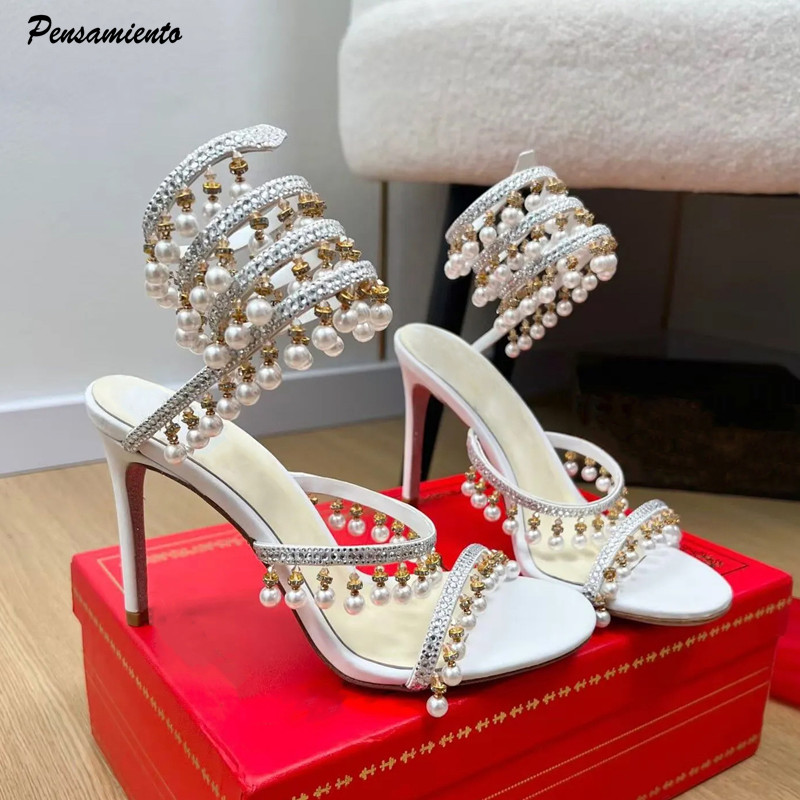 Women'S Formal Wear For Wedding - 高級ラインストーンパールタッセル付きレディースグラディエーターサンダル、セクシーなスネークアンクルストラップサテンハイヒール、夏の宴会ウェディングシューズ