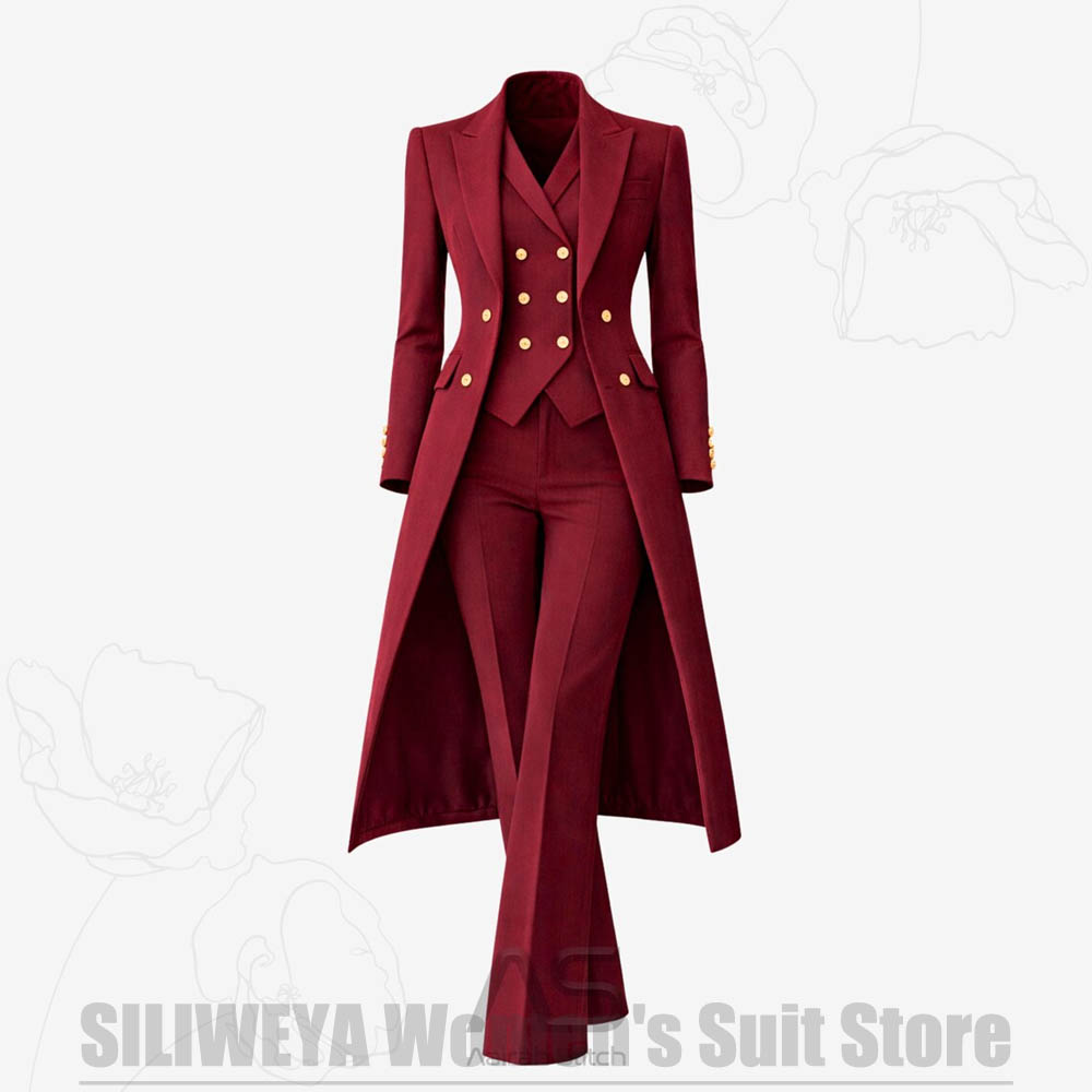 Women'S Office Formal Wear For Ladies - レディーススーツ 3ピース ダブルブレスト ロングコート ベスト パンツ