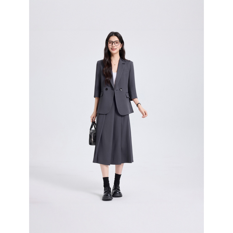 Women Formal Wear For Interview - ネイビーブルーの女性用スーツセット、春と秋用、新しいプロフェッショナルな通勤面接用フォーマルウェア、七分袖ツーピース