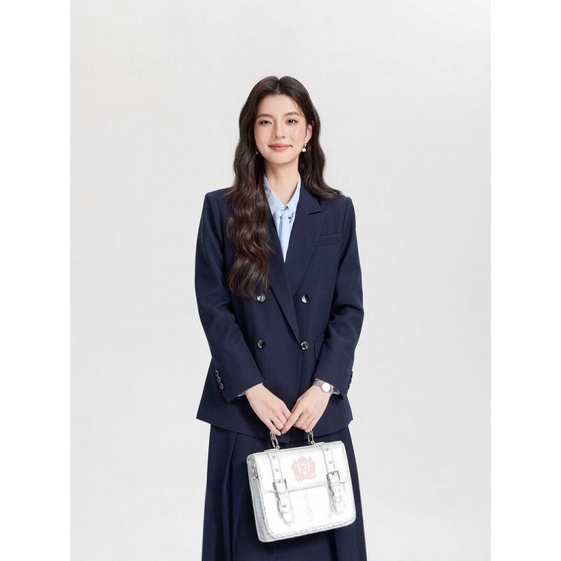 Women Formal Wear For Interview - ネイビーブルーのダブルブレストレディースビジネススーツ2026新作通勤面接フォーマルウェア高級韓国風スーツ