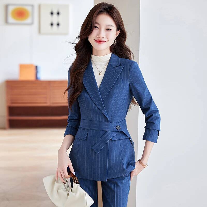 Women Formal Wear For Interview - 高品質生地のエレガントなストライプ柄フォーマルパンツスーツ 秋冬キャリア面接用トラウザーズセット プロフェッショナルブレザー レディース