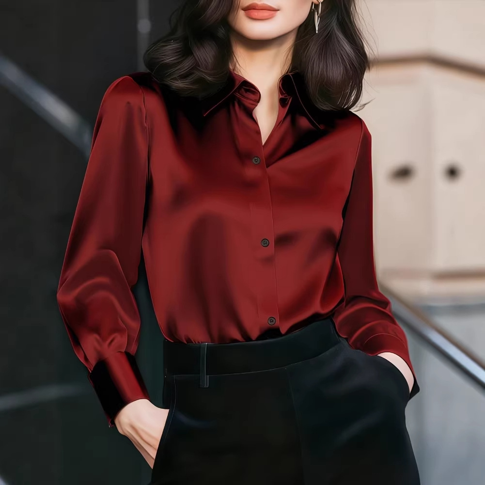 Women'S Office Formal Wear For Ladies - レディースサテンラペルカラーブラウス、ボタンフロント、長袖、ターンアップカフ、エレガントなオフィスビジネスフォーマルデイリーウェアシャツトップ
