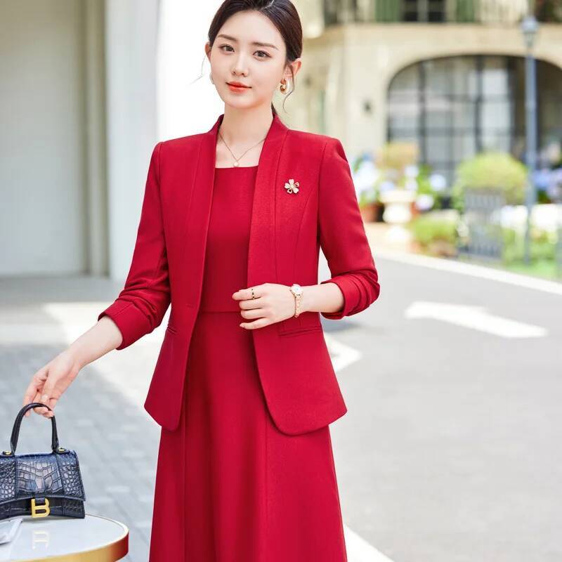 Women Formal Wear For Interview - フォーマルな女性用ビジネススーツ、プロフェッショナルなオフィスワークウェア、ドレスとブレザー付き、秋冬のプロフェッショナルなキャリア面接用セット