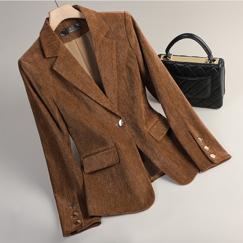 イエローゴールドベルベットブレザー女性秋冬カジュアルスーツフ - Women'S Office Formal Wear For Ladies のレビューと価格