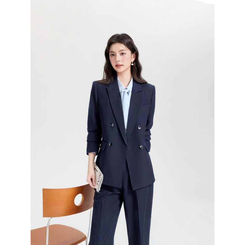 ネイビーブルーのダブルブレストレディースビジネススーツ202 - Women Formal Wear For Interview のレビューと価格