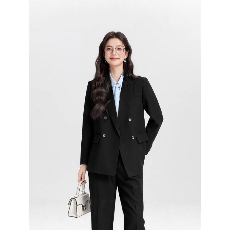 ネイビーブルーのダブルブレストレディースビジネススーツ202 - Women Formal Wear For Interview のレビューと価格